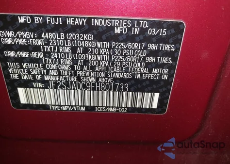 2015 Subaru Forester 2.5I Premium из США, поврежденный, VIN JF2SJADC9FH801733